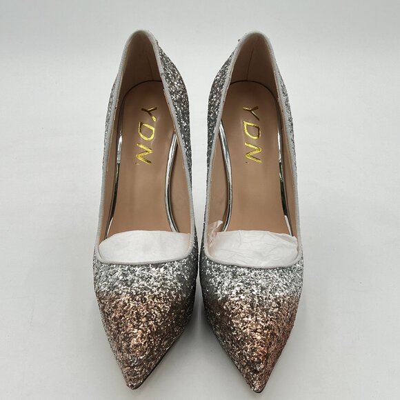 YDN Silver Champagne Glitter Platform Pointed Toe Pumps Special High Heel Shoe - Picture 3 of 8